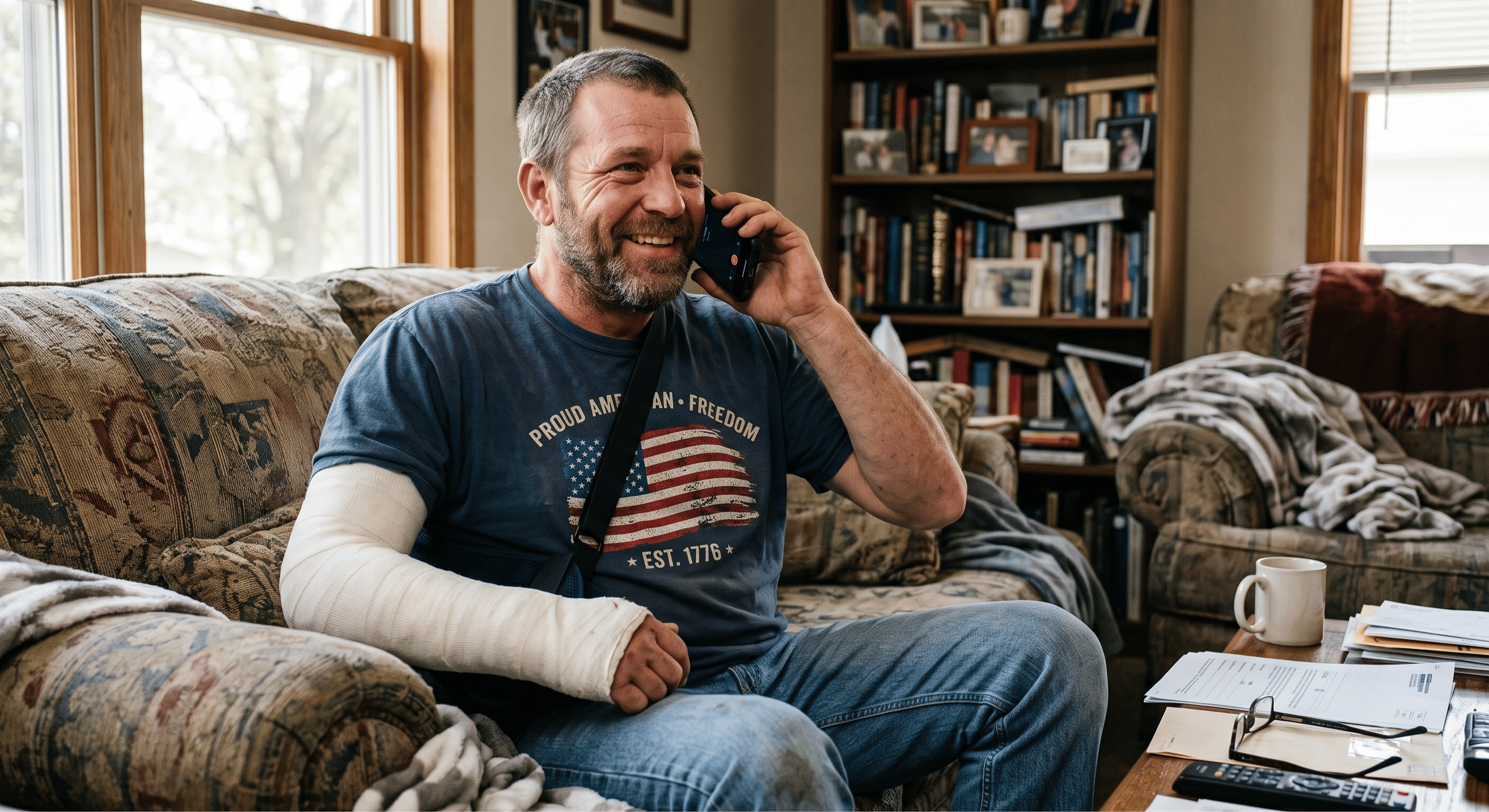 Man with arm cast in a sling talking on the phone at home